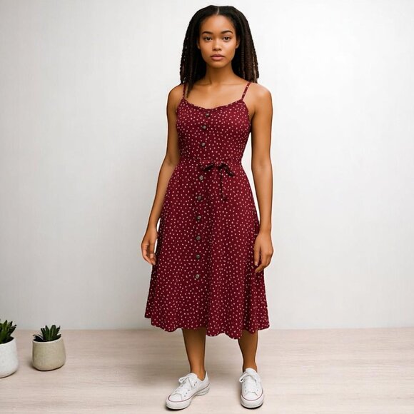Women Floral Burgundy Ruffled Neckline Sundress - Picture 1 of 9